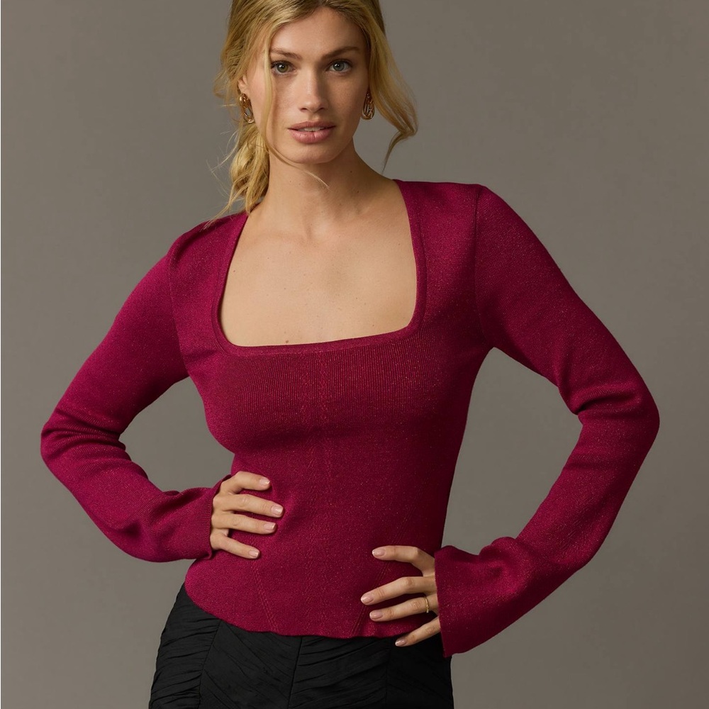 Anthropologie Maeve Shimmery Square-Neck Bell-Sleeve Sweater Raspberry Sz Small